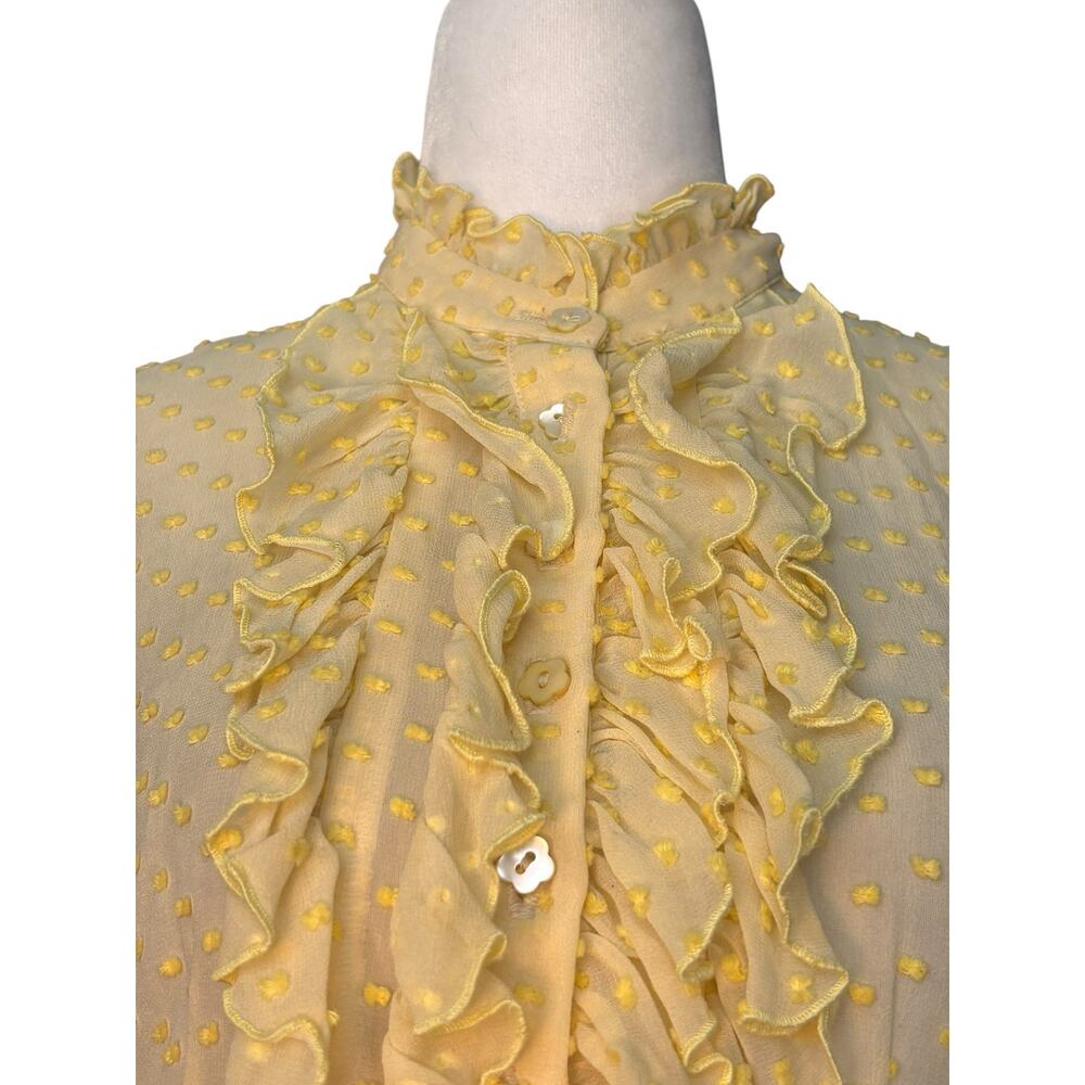 Y2K Nanette Lepore Yellow Silk Swiss Dot Ruffle Blouse Sheer Ladylike Whimsical